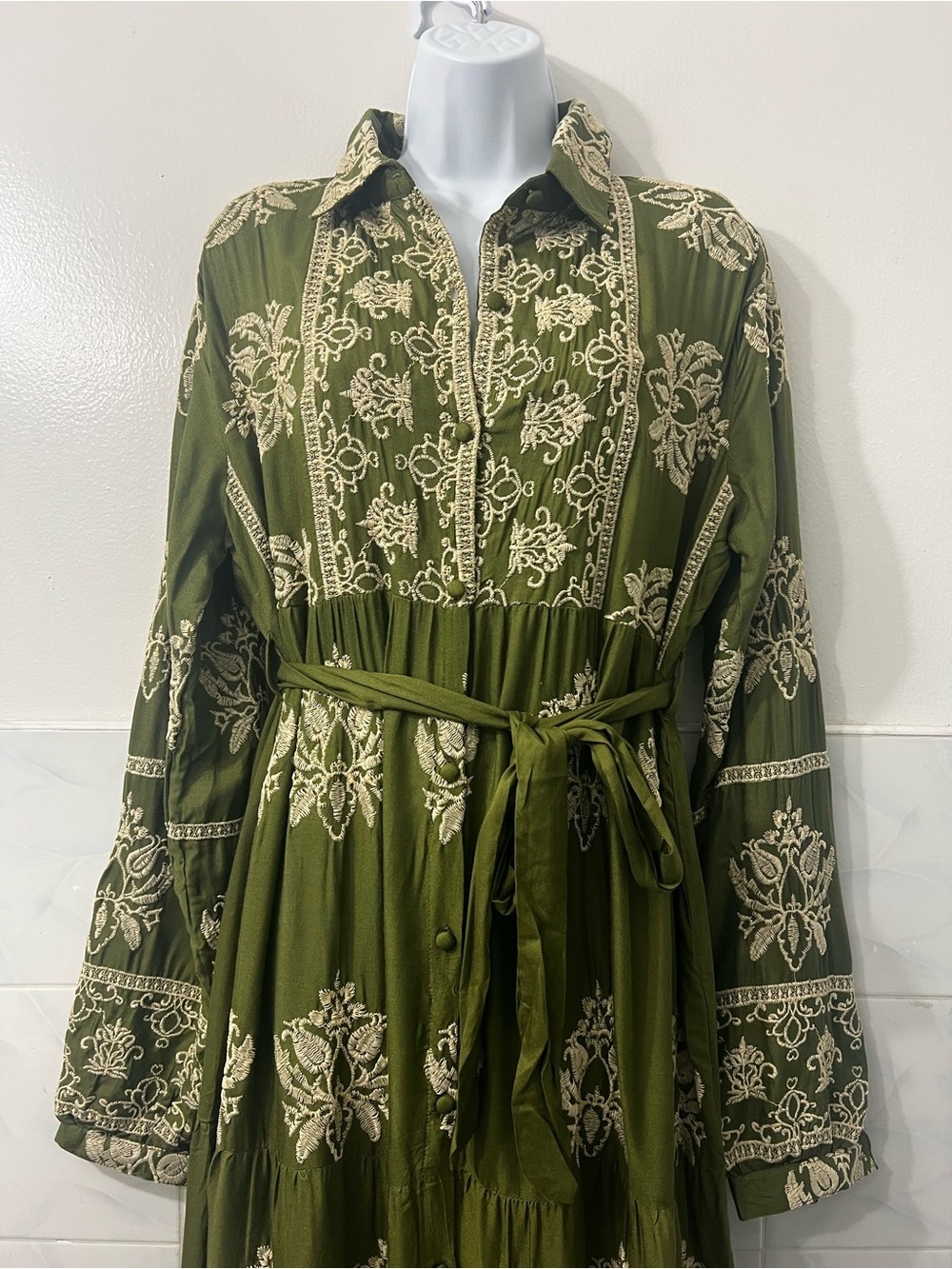 Women’s Long Sleeves Embroidered Shirt Maxi Dress Cottage Boho Western One Size - Picture 2 of 16